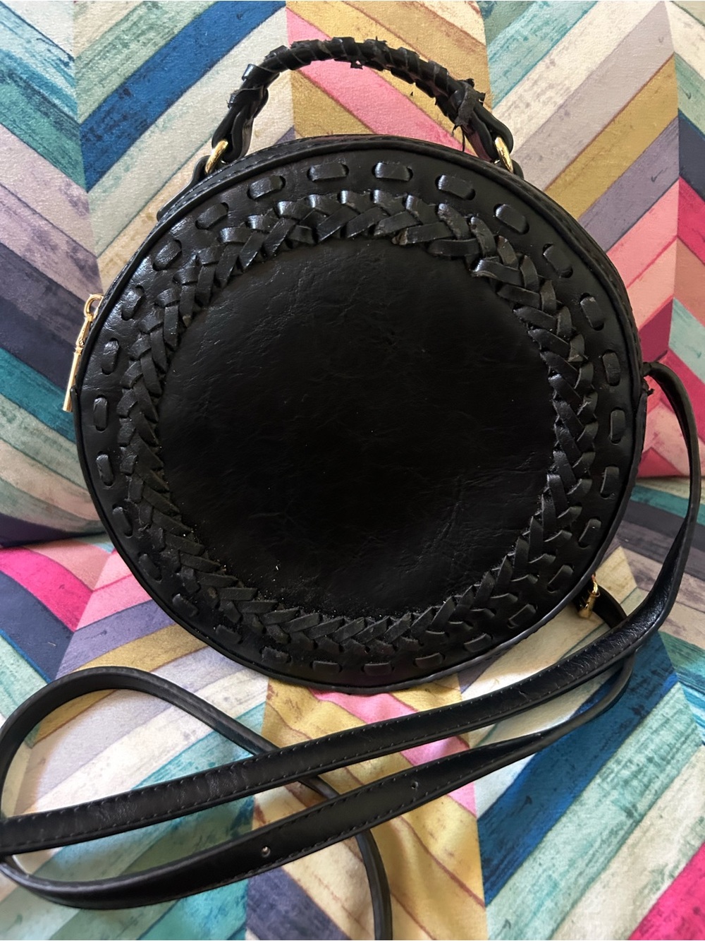 Sole Society Black Round Crossbody Bag Whipstitch Circle Crossbody Boho
